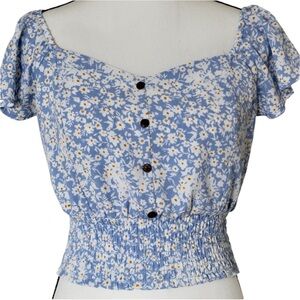 2/$30 Monteau - Blue Floral Flutter Sleeve Smocked Blouse Size S